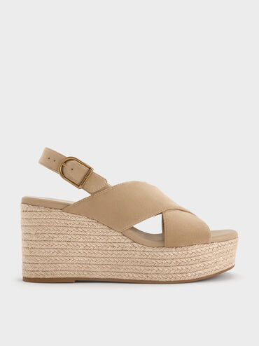 Faux Suede Crossover Espadrille Wedges, Sand, hi-res
