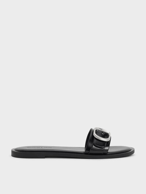 Buckle-Strap Slide Sandals, Black Boxed, hi-res