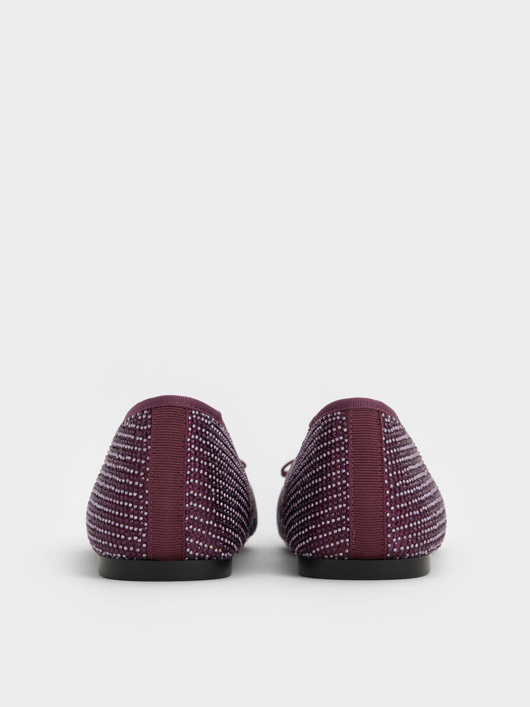 Satin Crystal-Embellished Bow Ballet Flats, Burgundy, hi-res