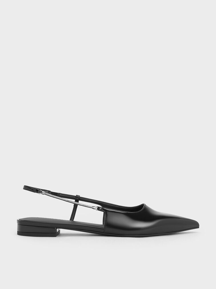 Chain-Strap Pointed-Toe Slingback Flats, Black Boxed, hi-res
