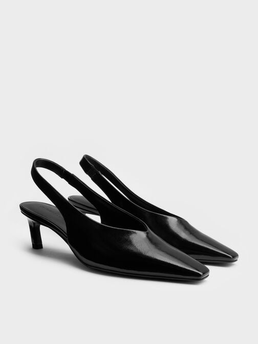 Patent Tapered Square-Toe Slingback Kitten Heels, Black Patent, hi-res