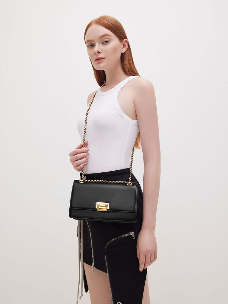 حقيبة كتف بحمالة مضفرة, أسود, hi-res