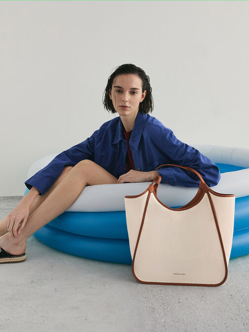 Sianna Canvas Contrast-Trim Tote Bag, Taupe Canvas, hi-res