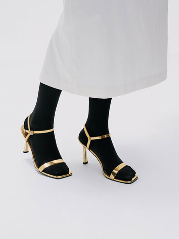 Metallic Square-Toe Ankle-Strap Heeled Sandals, Gold, hi-res