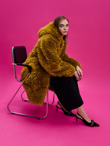 Faux Suede Crystal-Embellished Pointed-Toe Slingback Pumps, Black Textured, hi-res