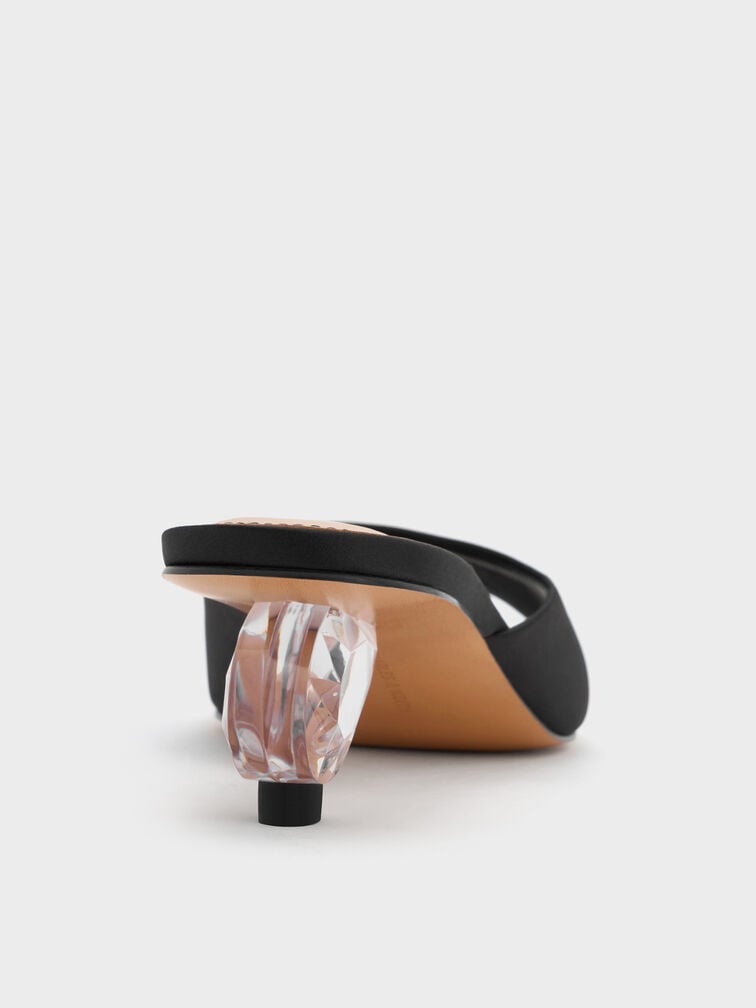 Satin Crystal-Heel Mules, Black Textured, hi-res
