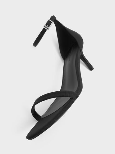 Grosgrain Stiletto-Heel Ankle-Strap Sandals, Black Textured, hi-res