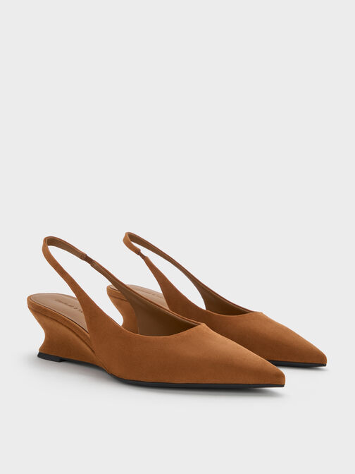 Faux Suede Sculptural-Heel Slingback Wedges, Cognac, hi-res