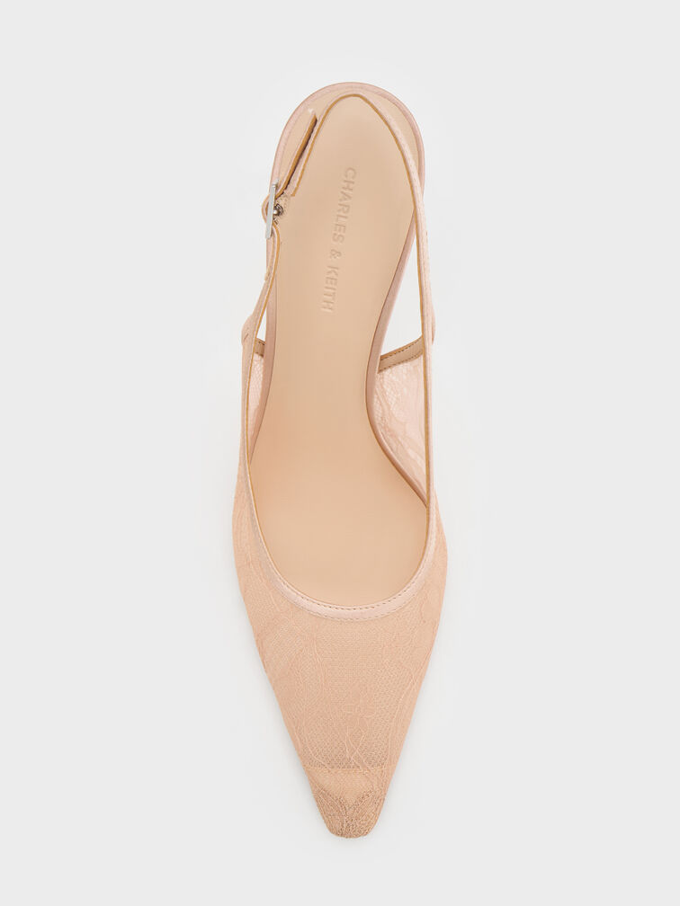 حذاء من الدانتيل والساتان مفتوح من الخلف بكعب (بامبس), لون البشرة الطبيعي, hi-res