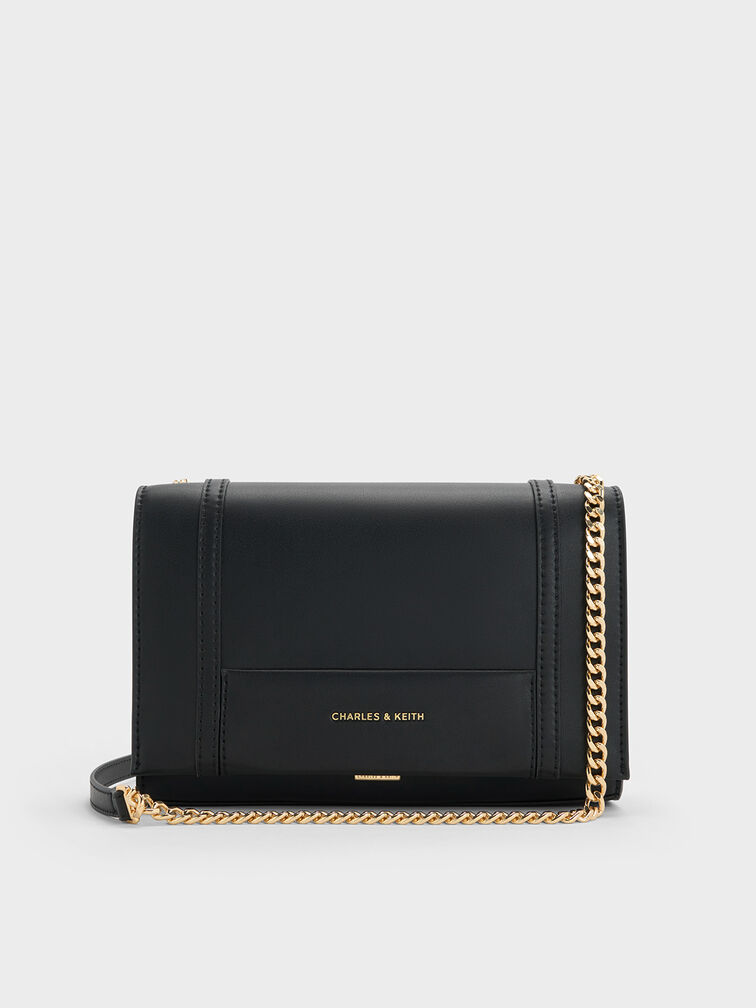 حقيبة كتف بسلسلة, أسود, hi-res