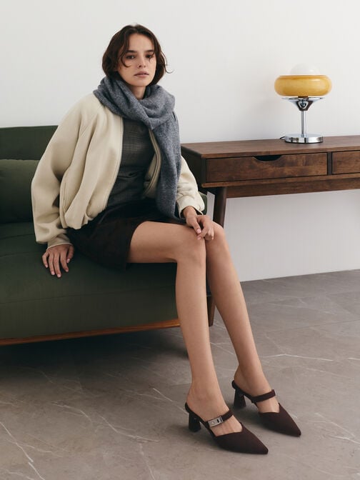 Lando Faux Suede Pointed-Toe Metallic-Buckle Heeled Mules, Dark Brown Textured, hi-res