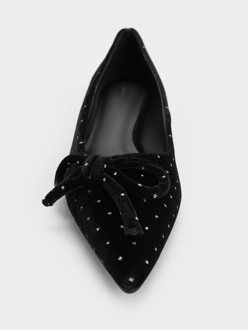حذاء بكعب قطة ومقدمة مدببة وزينة أنيقة فيونكة مخملية منقطة, أسود خشن, hi-res