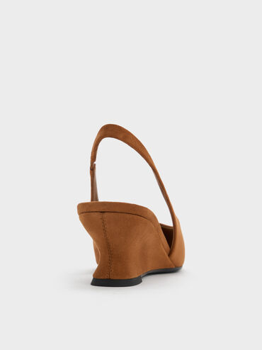 Faux Suede Sculptural-Heel Slingback Wedges, Cognac, hi-res