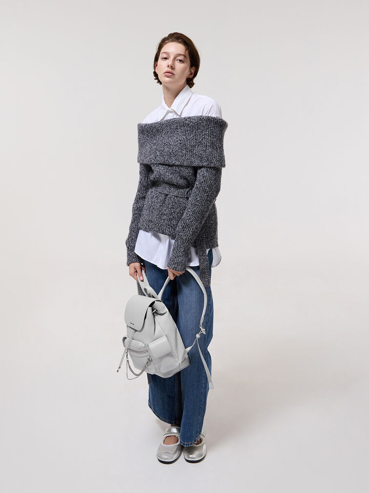 Nylon Puffy Chain-Link Backpack, Light Grey, hi-res