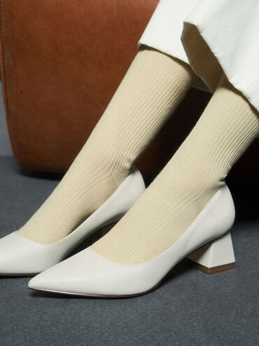 Trapeze Heel Court Shoes, Chalk, hi-res