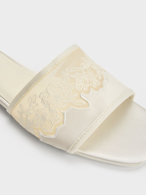 Satin Embroidered-Mesh Slide Sandals, White, hi-res