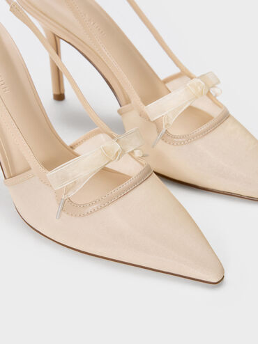 Venetia Mesh Bow Pointed Slingback Pumps, Nude, hi-res