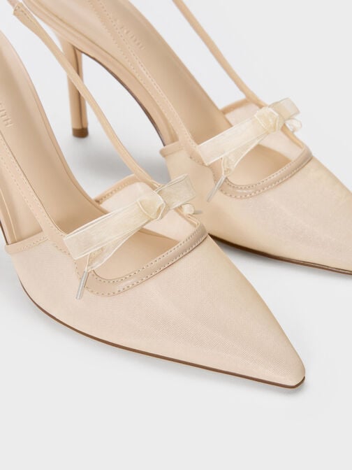 Venetia Mesh Bow Pointed Slingback Pumps, Nude, hi-res