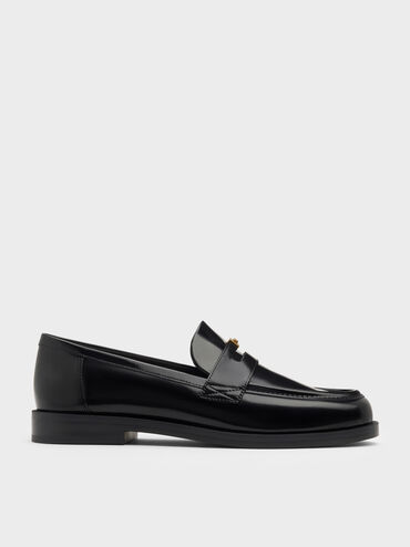 Georgina Leather Metallic-Accent Penny Loafers, Black Boxed, hi-res