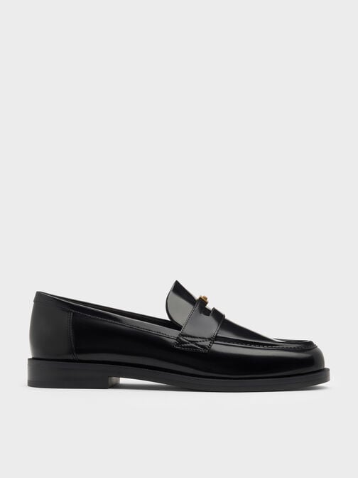 Georgina Leather Metallic-Accent Penny Loafers, Black Boxed, hi-res