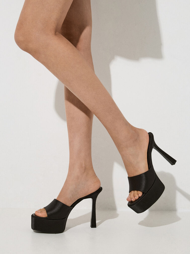 صندل مولز بكعب عالٍ ونعل سميك من الساتان, أسود خشن, hi-res