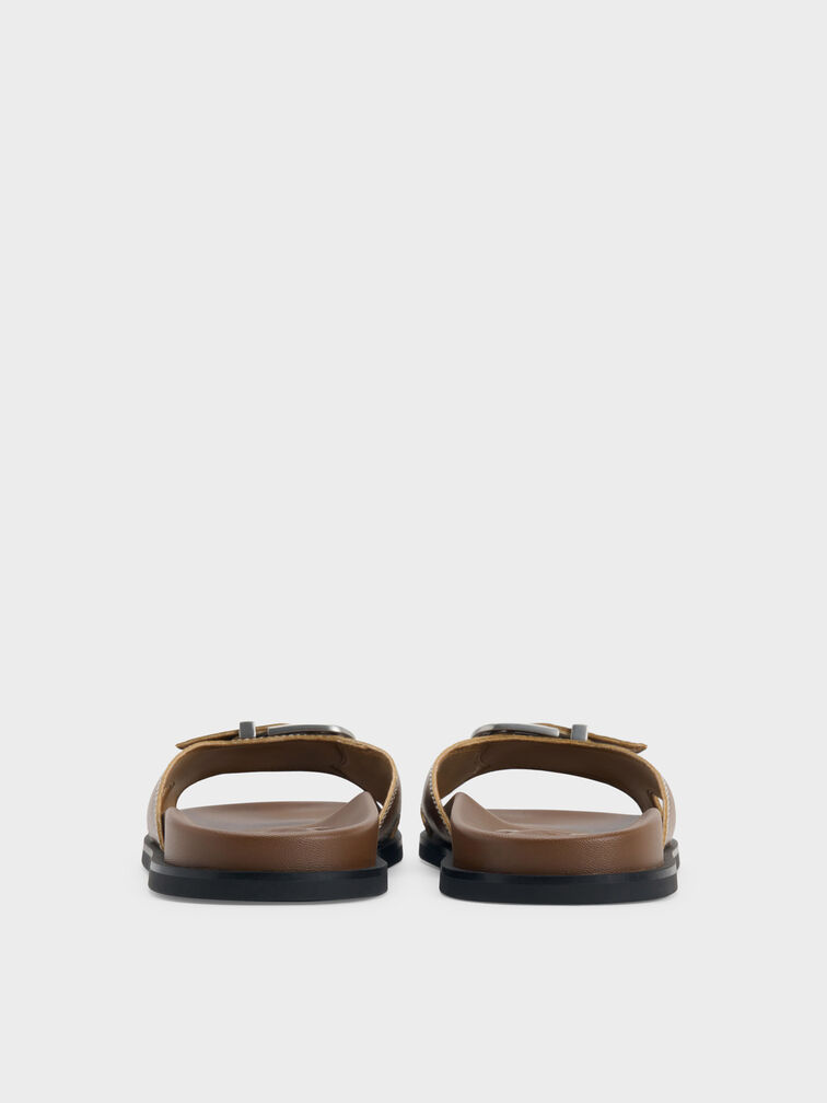 Stitch-Trim Buckled Slides, Cognac, hi-res