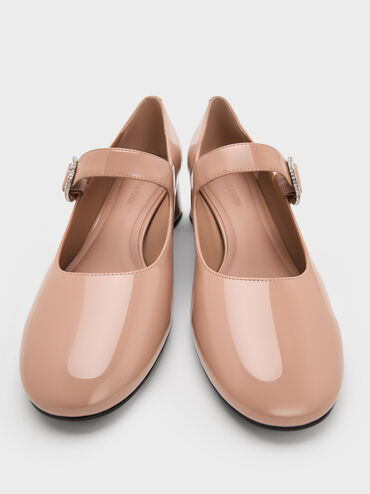 حذاء جاني من الجلد اللامع بكعب وتصميم ماري جين وإبزيم مرصع بالكريستال, لون البشرة الطبيعي, hi-res