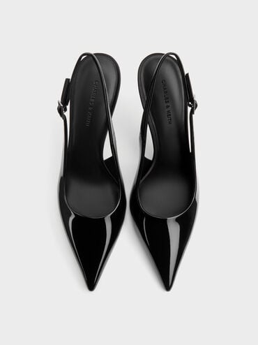 Patent Pointed Slingback Pumps, Black Patent, hi-res