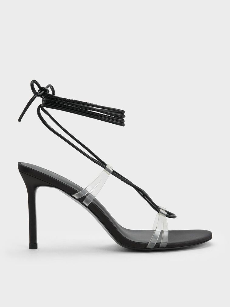 Tie-Around Heeled Sandals, Black, hi-res