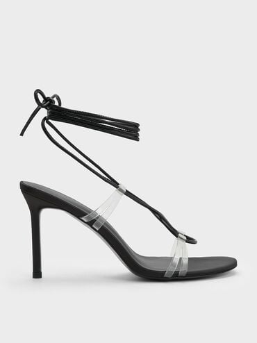 Tie-Around Heeled Sandals, Black, hi-res