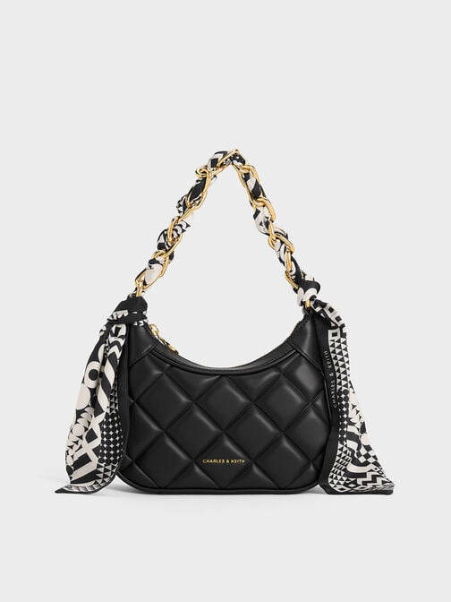 حقيبة ألكوت الصغيرة المبطّنة بمقبض مزيّن بوشاح, أسود, hi-res