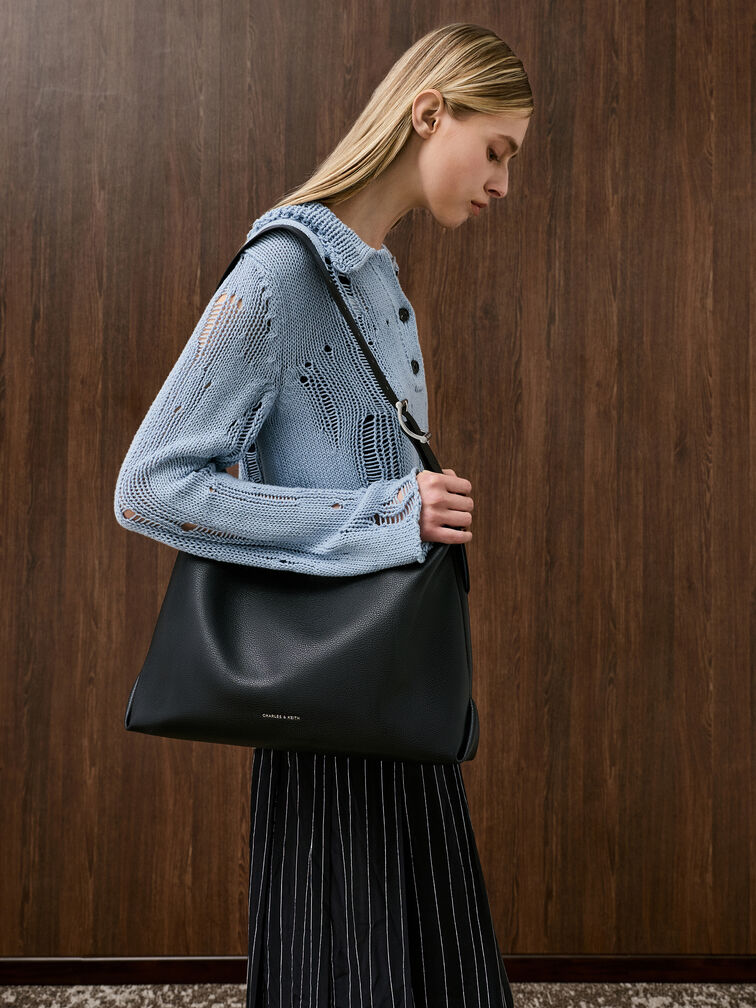 Larsen Buckle-Strap Hobo Bag, Noir, hi-res
