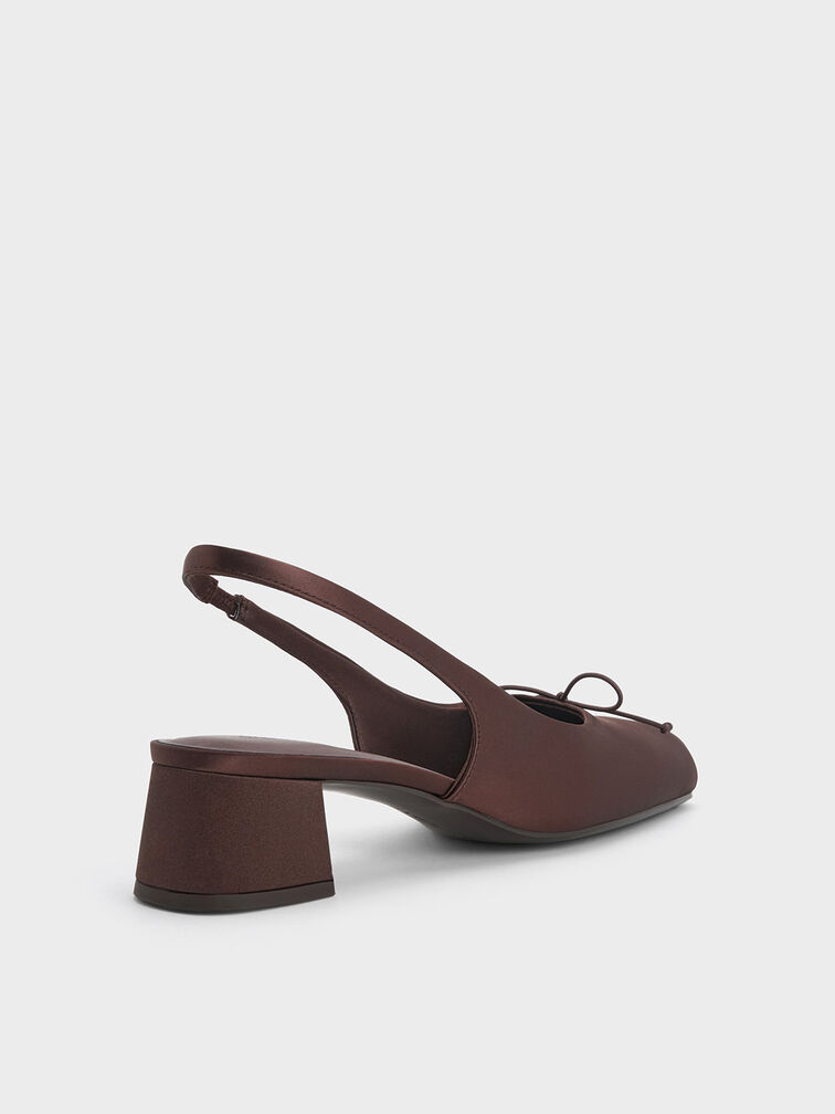 Sadira Satin Bow Square-Toe Slingback Pumps, Dark Brown, hi-res