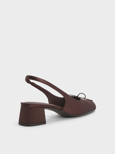 Sadira Satin Bow Square-Toe Slingback Pumps, Dark Brown, hi-res