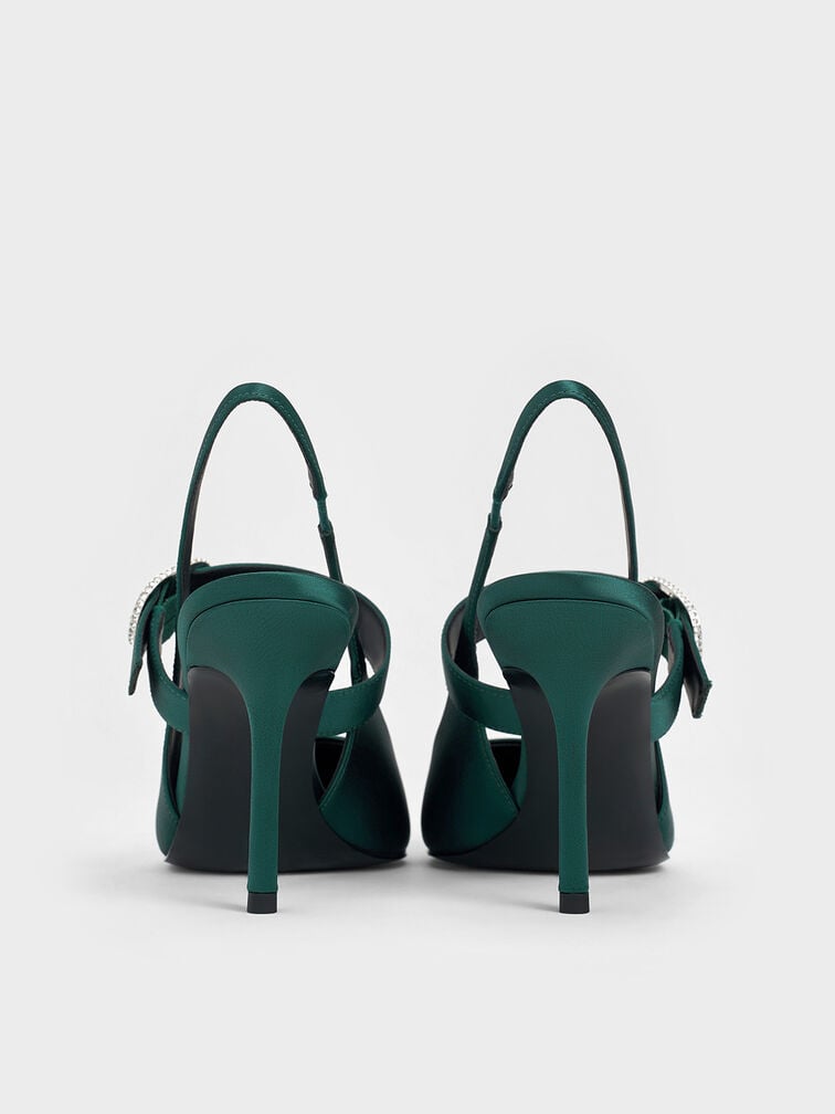 حذاء ماري جين مفتوح من الخلف ومزين بمشبك مطعم بالكريستال من البوليستر المعاد تدويره, أخضر داكن, hi-res