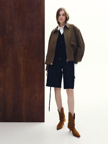 Karter Faux Suede Pointed-Toe Ruched Buckled Kitten-Heel Boots, Cognac, hi-res