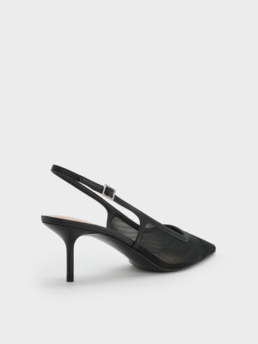 حذاء بامبس بكعب عالٍ سلينجباك مدبب من الشبك والدانتيل, أسود خشن, hi-res