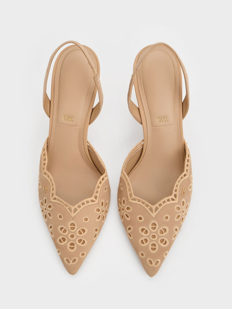 Leather Embroidered Pointed Slingback Pumps, Beige, hi-res