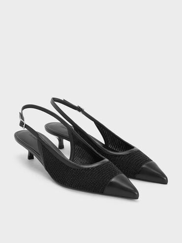 Mesh Cap-Toe Kitten-Heel Pumps, Black Textured, hi-res