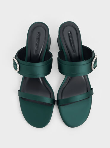 Recycled Polyester Crystal-Buckle Block-Heel Mules, Dark Green, hi-res