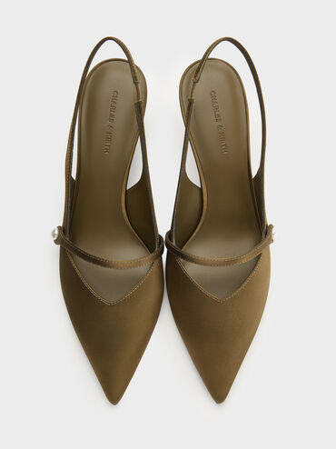 حذاء هيلينا كعب قصير حزام خلفي  من ساتان بمشبك لؤلؤي, زيتوني, hi-res