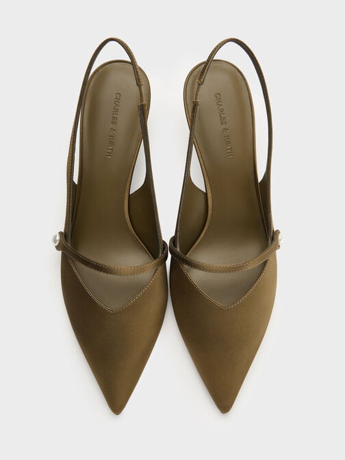 Helena Satin Pearl-Buckle Slingback Kitten Heels, Olive, hi-res