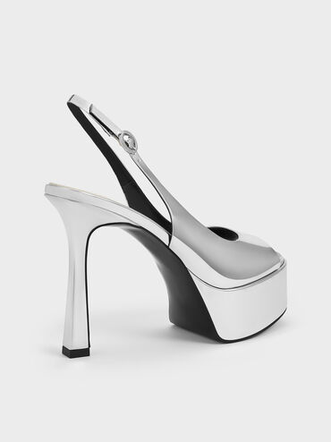Metallic Peep-Toe Stiletto-Heel Platform Sandals, Silver, hi-res