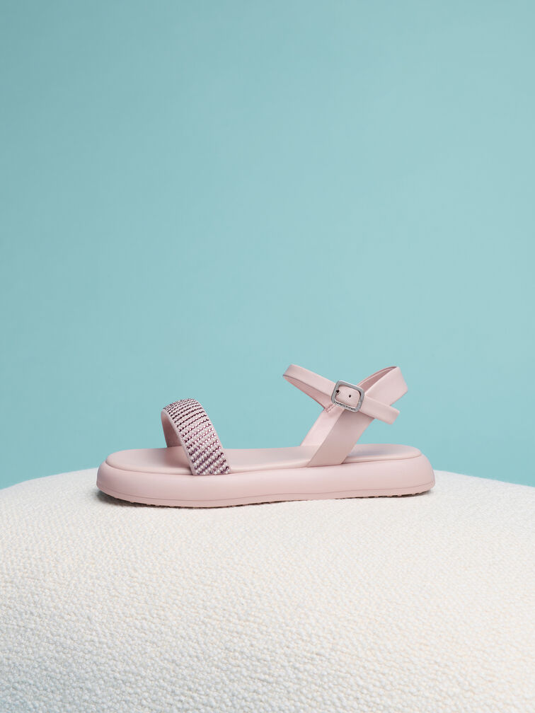 Girls' Crystal-Pearl Puffy Sandals, Light Pink, hi-res