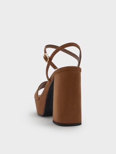 Satin Block-Heel Platform Sandals, Dark Brown Textured, hi-res