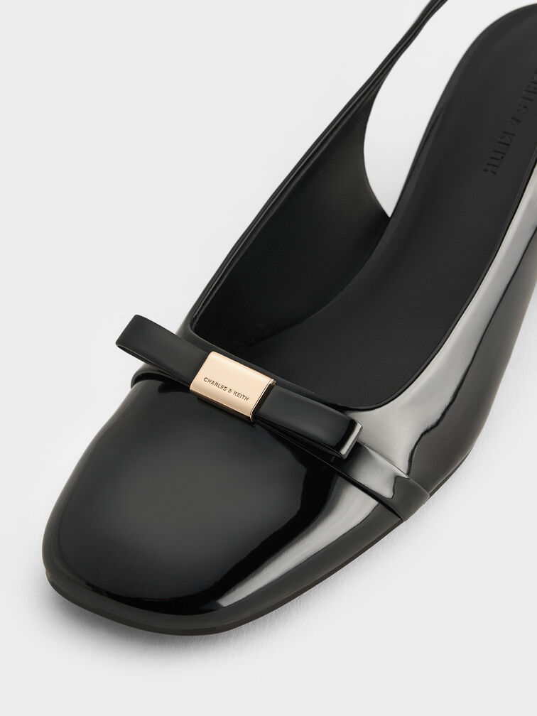 حذاء كعب عريض لامع بحزام خلفي وفيونكة, أسود براق, hi-res