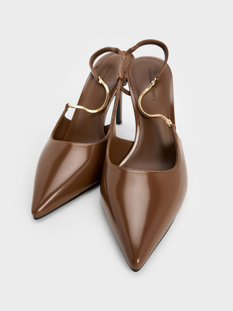 حذاء سلينجباك مفتوح الظهر بكعب عالٍ ومقدمة مدببة وحزام على شكل سلسلة, بنى, hi-res