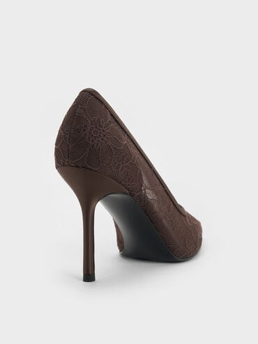 Lace & Satin Stiletto Pumps, Dark Brown Textured, hi-res