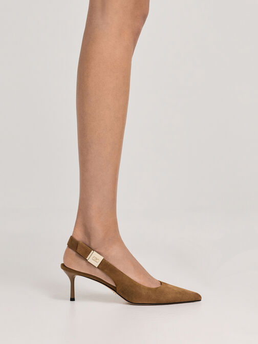 Cody Suede Pointed-Toe Kitten-Heel Slingback Pumps, Brown, hi-res