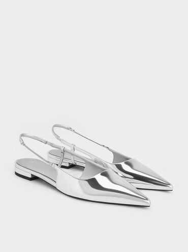 Metallic Chain-Strap Pointed-Toe Slingback Flats, Silver, hi-res